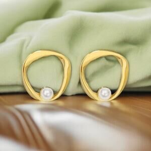 NEW 18K yellow gold plated pearl hoop drop earrings jewelry B25A